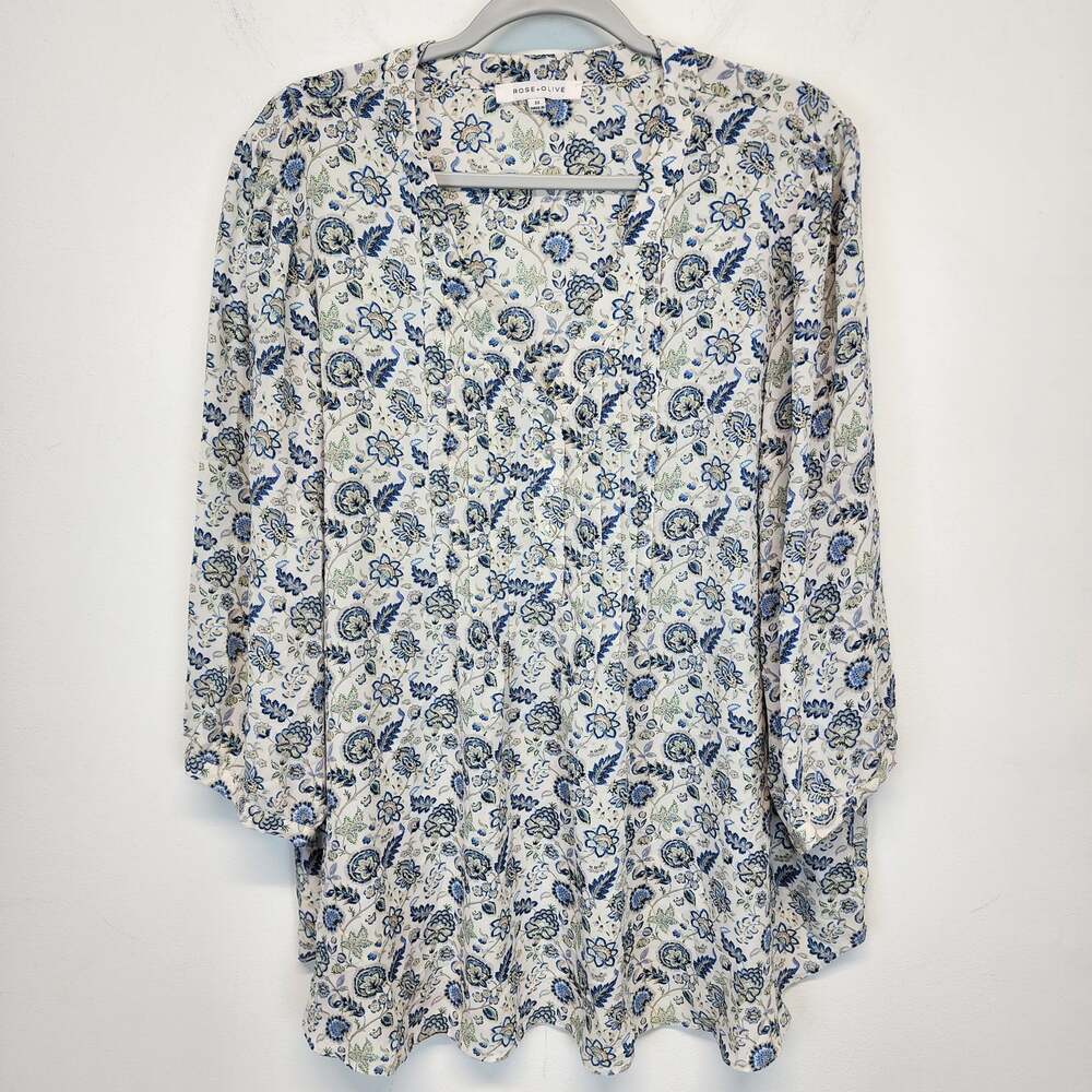 Rose + Olive Womens Floral Paisley Blouse Size 2X Pleated Boho Peasant Office